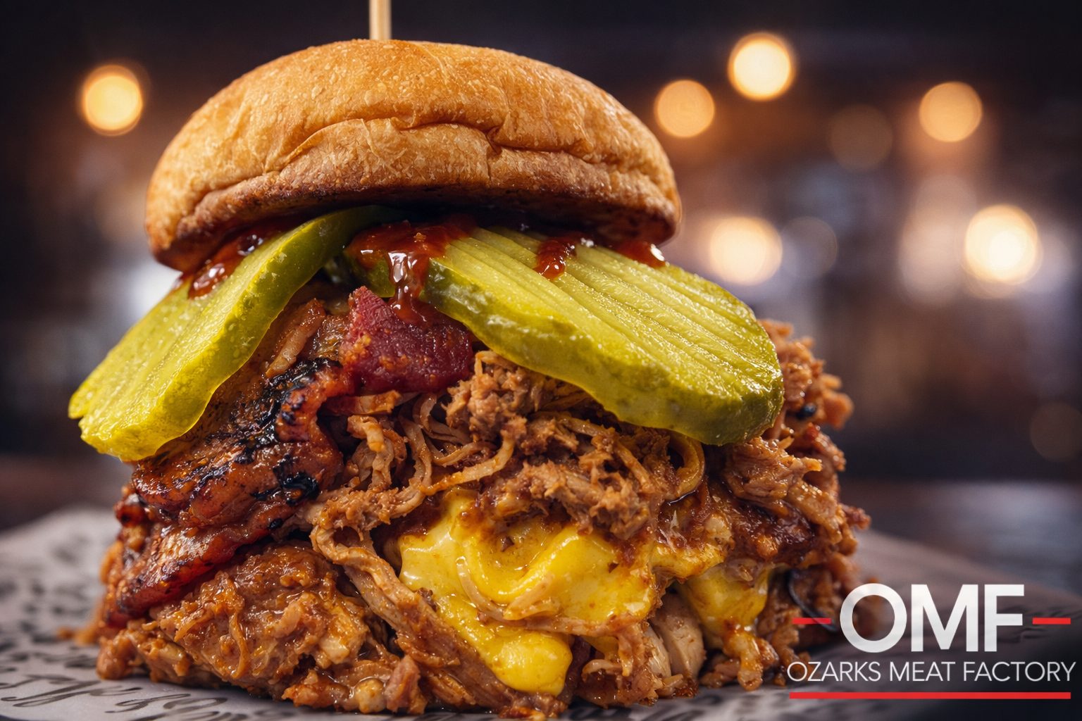 Good, Bad and Ugly Burger stacked with pulled pork, bacon and pickles