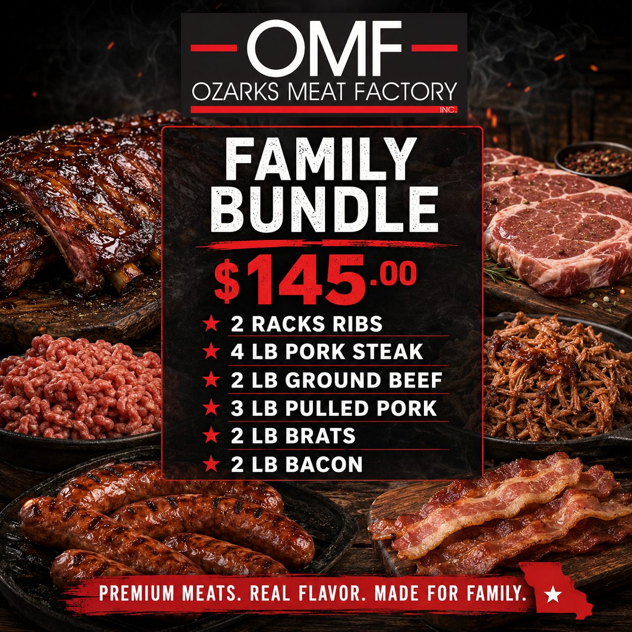 Family Bundle: ribs, pork steak, ground beef, pulled pork, brats, bacon