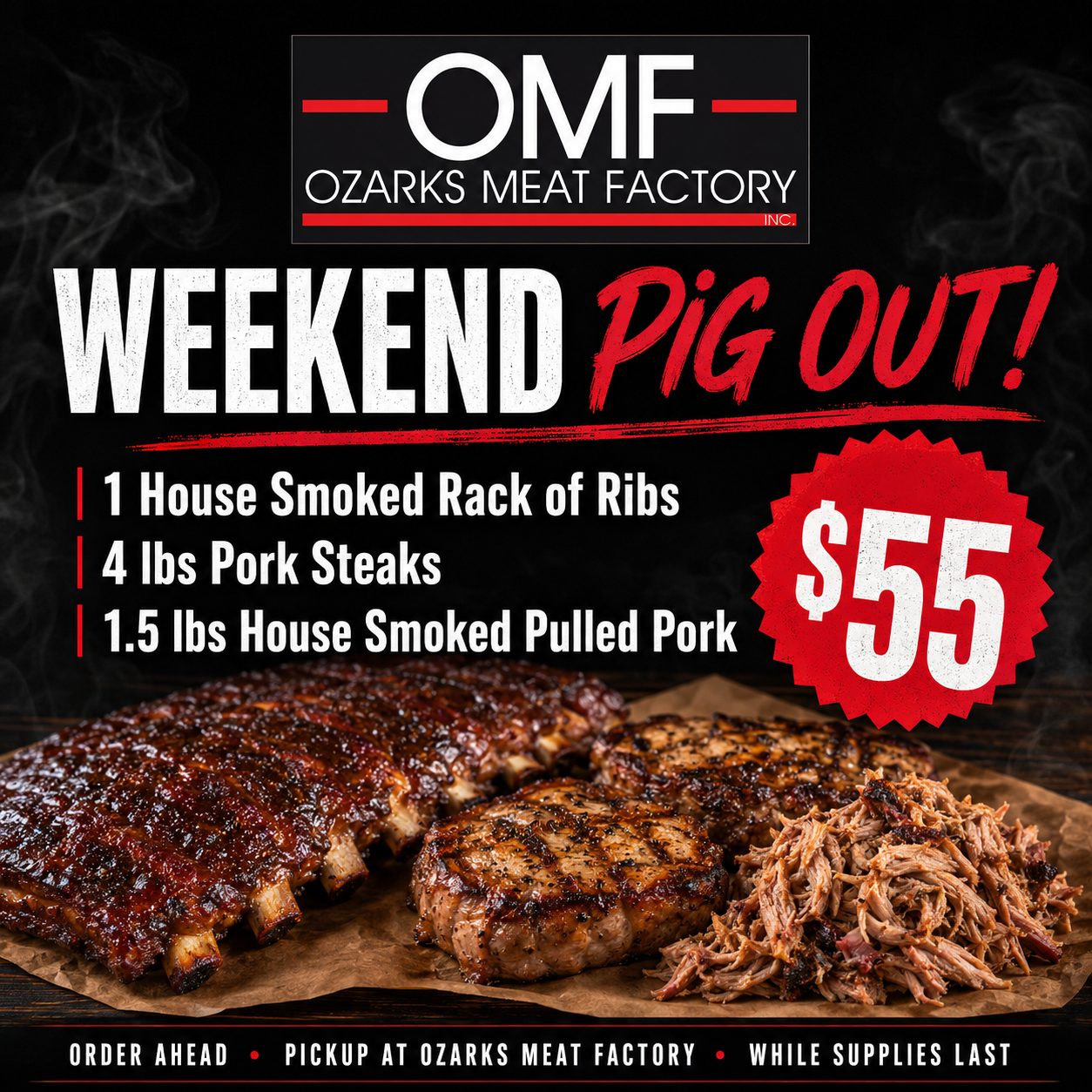 Weekend Pig Out bundle: ribs, pork steaks and pulled pork