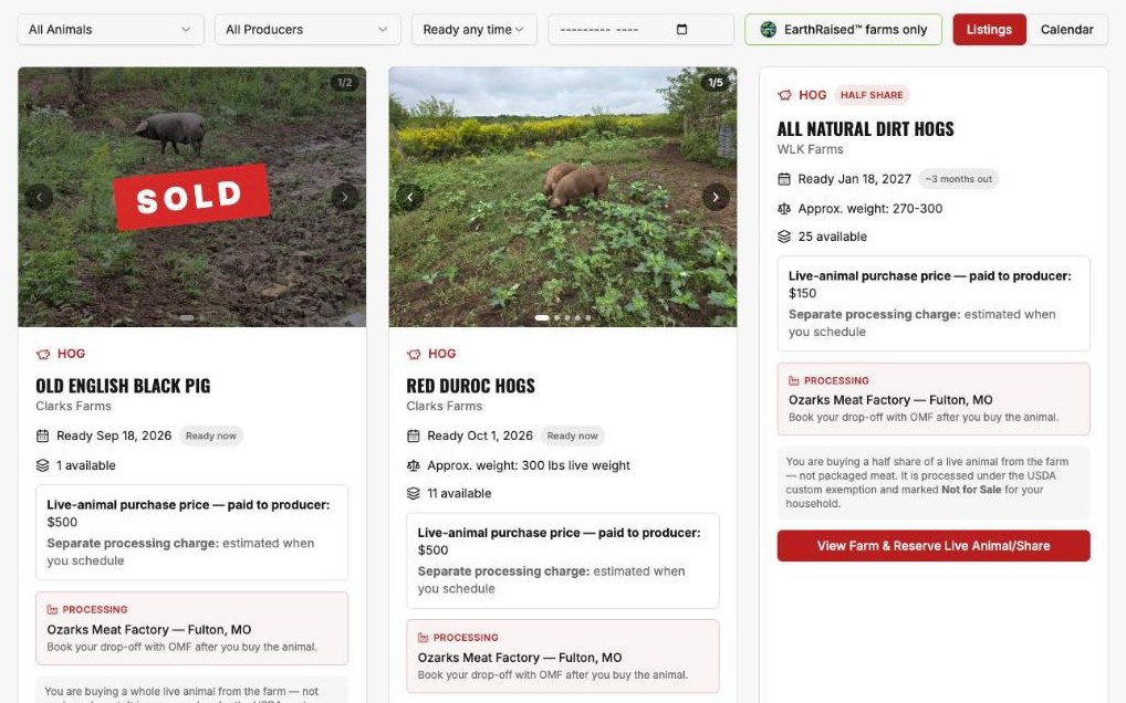 The OMF Marketplace showing live hog listings from Clarks Farms and WLK Farms with prices paid to the producer